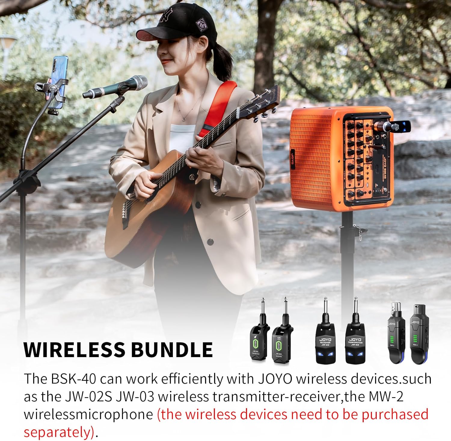 JOYO 40W Acoustic Amplifier Rechargeable Bluetooth Combo Guitar Amp 20 Drum Patterns Reverb Chorus Delay Mic Channel for Live Streaming Outdoor Stage (BSK-40 Orange)