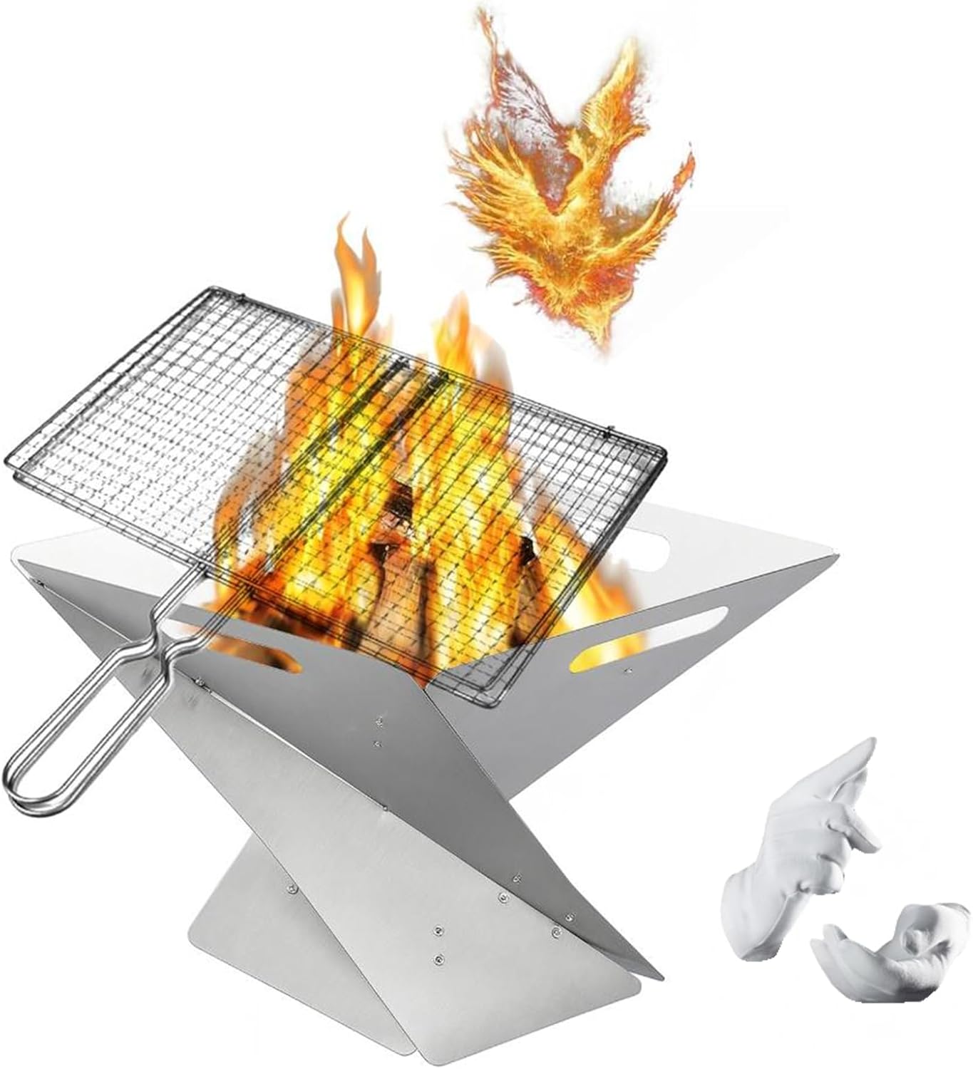 Foldable Portable Fire Pit - Stainless Steel Camping Fire Bowl with 304 Steel Grill Net & Heat-Resistant Gloves - Compact Bonfire Pit for Outdoor BBQ, Patio, Garden & Camping, 16.54 Inch