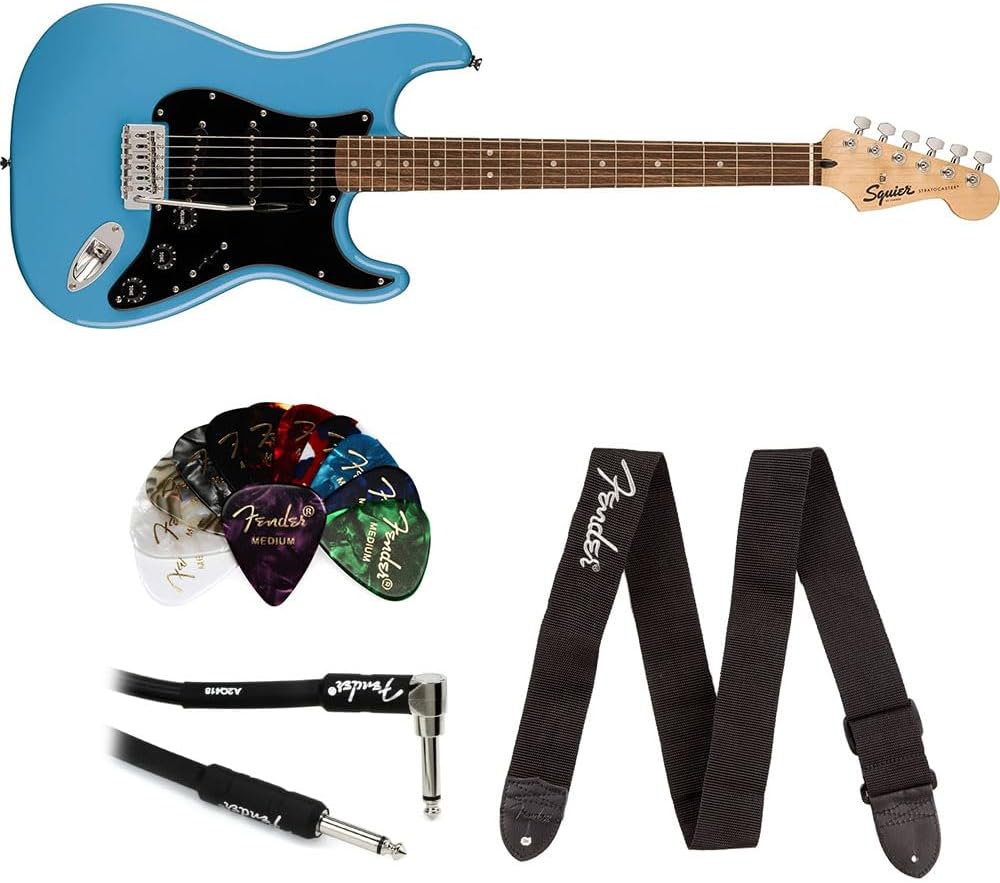 Squier Sonic Stratocaster Electric Guitar California Blue, Laurel Fingerboard, Black Pickguard Bundle with Fender Logo Guitar Strap Black, Fender 12-Pack Celluloid Picks, and Cable