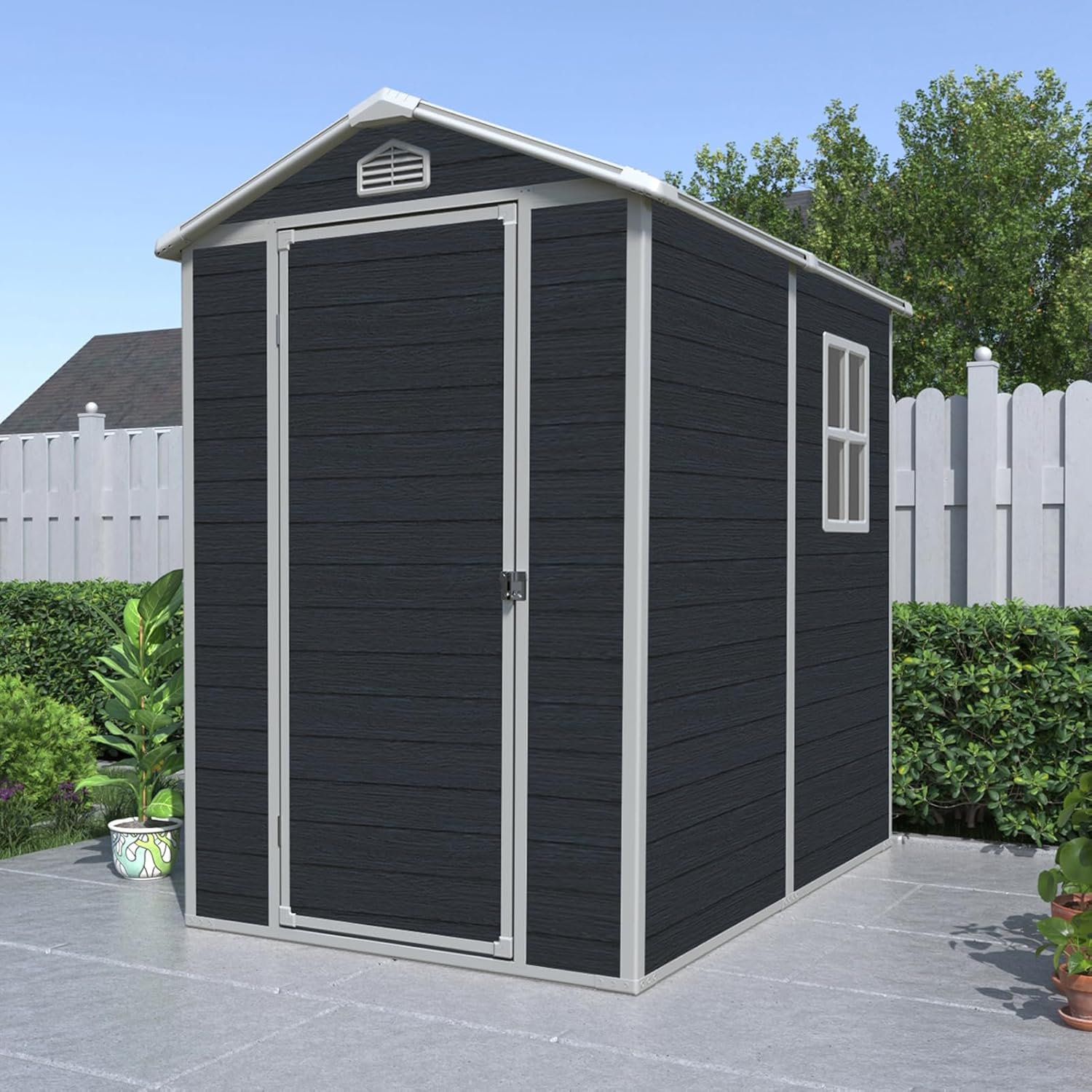 6x4 FT Resin Storage Shed with Floor, Outdoor Storage House with Window and Vents, Lockable Door Waterproof Shed for Garden Tool, Bike, Patio Furniture, Lawn Mower, Black