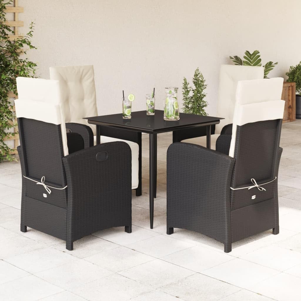 5 Piece Patio Dining Set with Cushions Black Poly Rattan,Adjustable Garden Dining Set with Poly Rattan Reclining Chairs and Tempered Glass Table Furniture Sets for Patio, Lawn & Garden