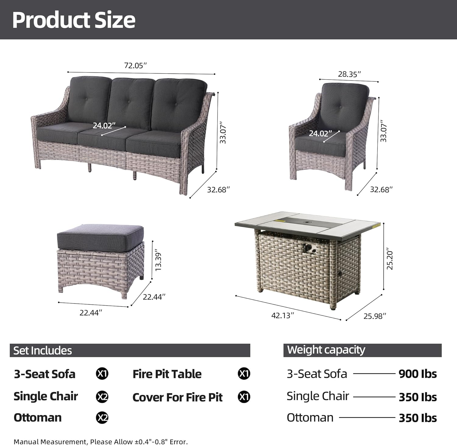 Patio Furniture Sets with Fire Pit Table,6 Pieces All Weather PE Wicker Conversation Sofa,Outdoor Furniture Grey Wicker Black Cushion