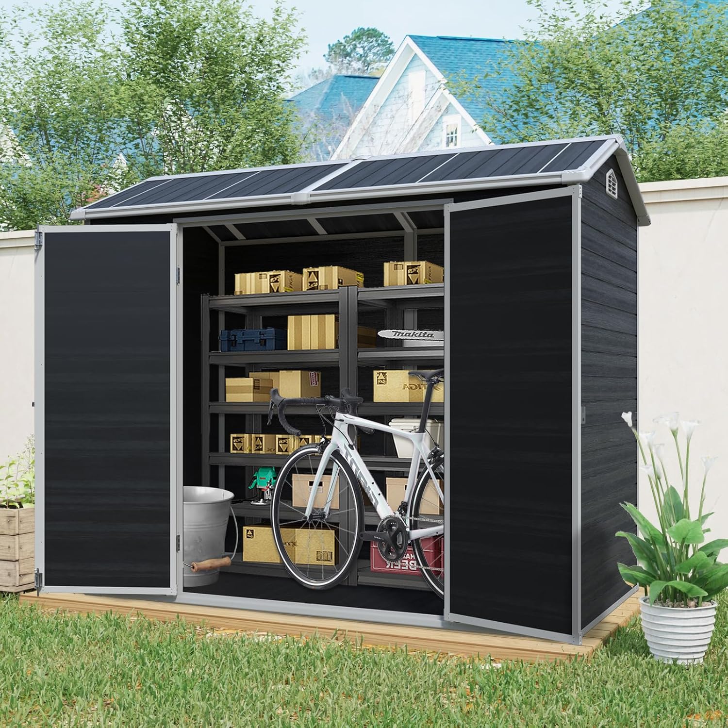 CHARMMA 8 ft x 4 ft Outdoor Storage Shed with Two-Window and Double-Door, Plastic Shed with Floor for Gargen,Patio,Yard,Lawn,Black (W540S00046), 95.75x52.50x81.25in