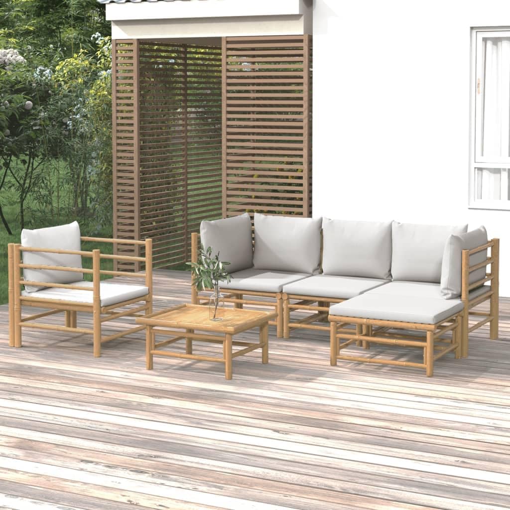 6 Piece Patio Lounge Set with Light Gray Cushions Bamboo,Versatile Bamboo Patio Furniture Set: Modular Comfort for Outdoor Relaxation Patio Furniture, Outdoor Furniture Sets, Brown