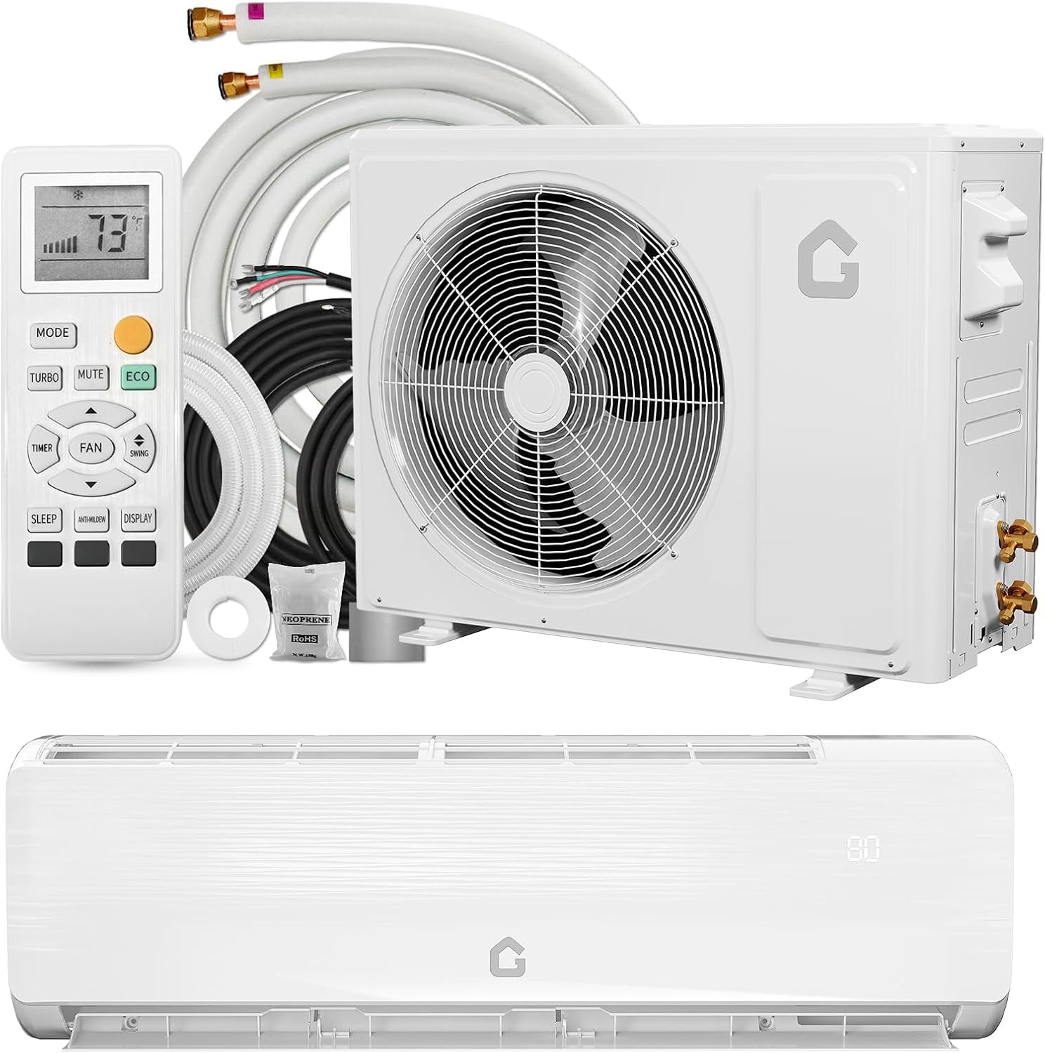 GarveeHome 9000 BTU Mini Split AC/Heating System, 19 SEER2 Inverter 6-in-1 Split System Air Conditioners, Ductless Heat Pump Wall Mount AC Unit Cool Up to 450 Sq. Ft, Installation Kits, 230V