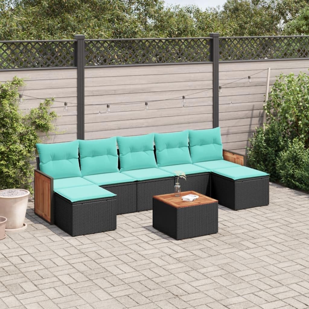8 Piece Patio Sofa Set with Cushions Black Poly Rattan, Modular Outdoor Furniture with Removable Covers, Durable PE Rattan and Acacia Wood Tabletop for Backyard Terrace Garden