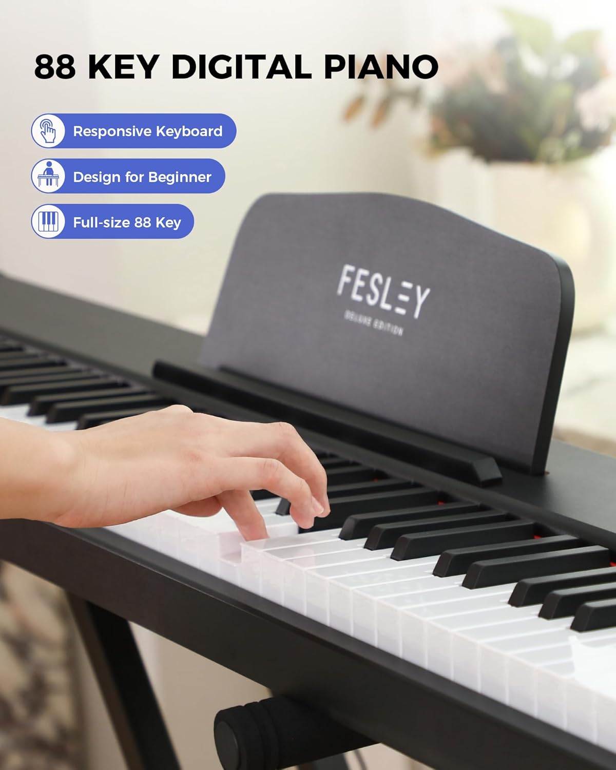Fesley Semi-weighted Piano Keyboard 88 Keys with Stand, Full-Size Electric Keyboard Piano for Beginners,Portable 88 Key Keyboard with 900 Tones,700 rhythms,110 demo songs,USB-MIDI, FEP300X, Black