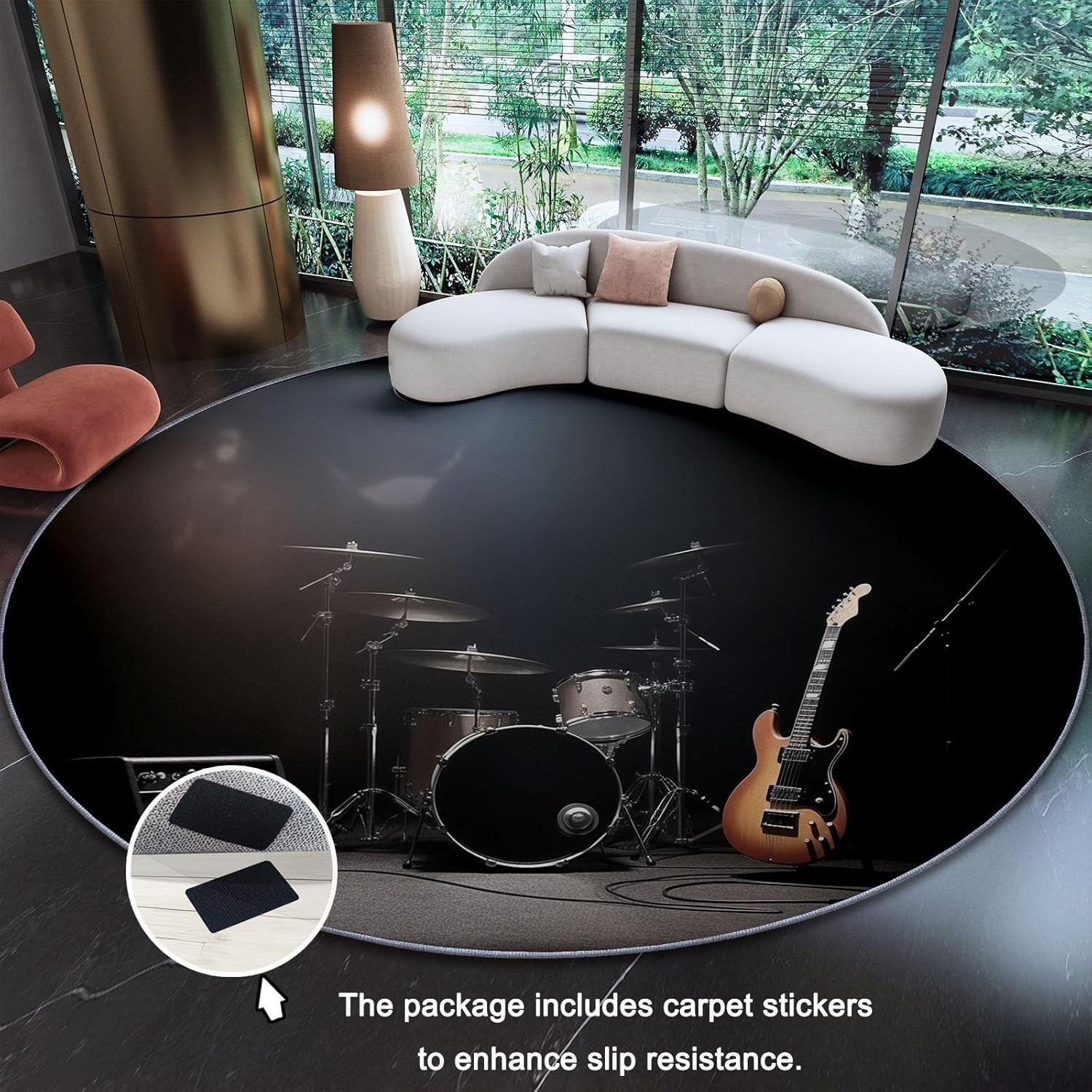 Round Area Rugs Modern Drums Electric Guitar Pattern, Black Non-Skid Lightweight Washable Area Rugs - 5 ft Soft Durable Circle Carpet for Bedroom Living Room Baby Room Nursery Bathroom Home Decor