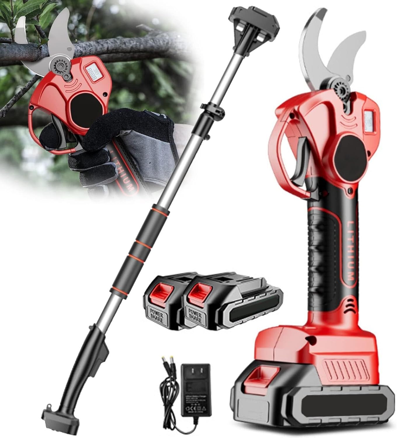 Extendable Tree Pruning Pruner 980w Cordless Electric Pruning Shears, Tree Pruners for Gardening Rechargeable Outdoor Branch Cutter with Lithium Battery and Extension Pole ( Color : Red , Size : 2batt