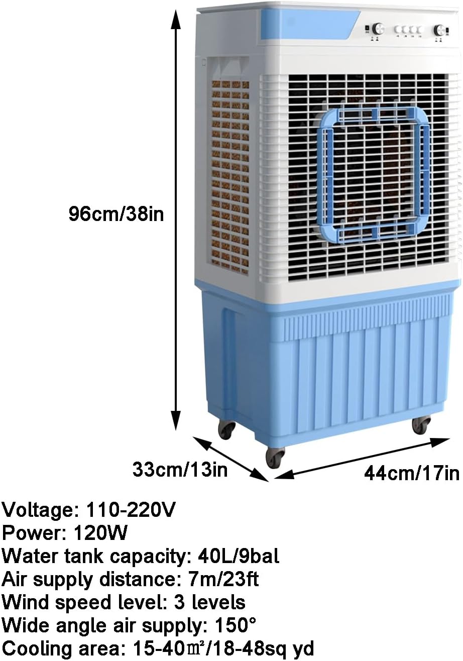 Portable Air Conditioners, Cooler for Room, Wind from All Directions, 40L/9bal Water Tank, 3 Speeds, for Shop, Factory, Garage