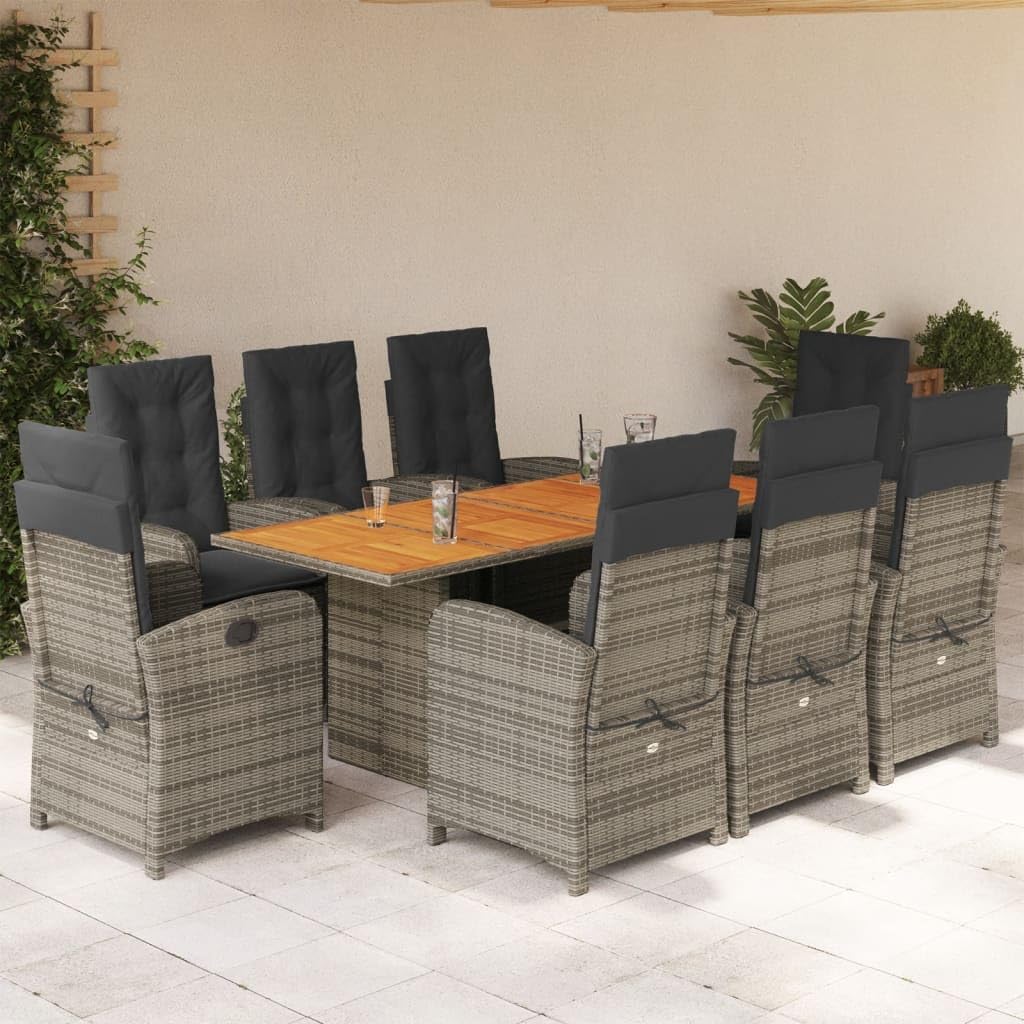 9 Piece Patio Dining Set with Cushions Gray Poly Rattan,AllWeather Garden Dining Set: Comfortable Reclining Chairs and Acacia Wood Table Furniture Sets for Patio, Lawn & Garden