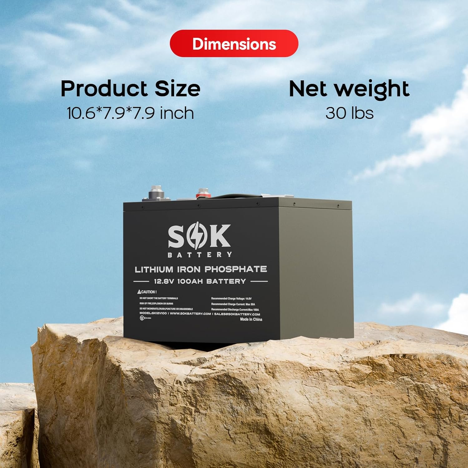 SOK Battery 100Ah 12V LiFePO4 Battery Deep Cycle Lithium Iron Phosphate Battery 12 Volt with Low Temp Protection, 100A BMS Ideal for RV, Solar, Wind, and Off-Grid Use