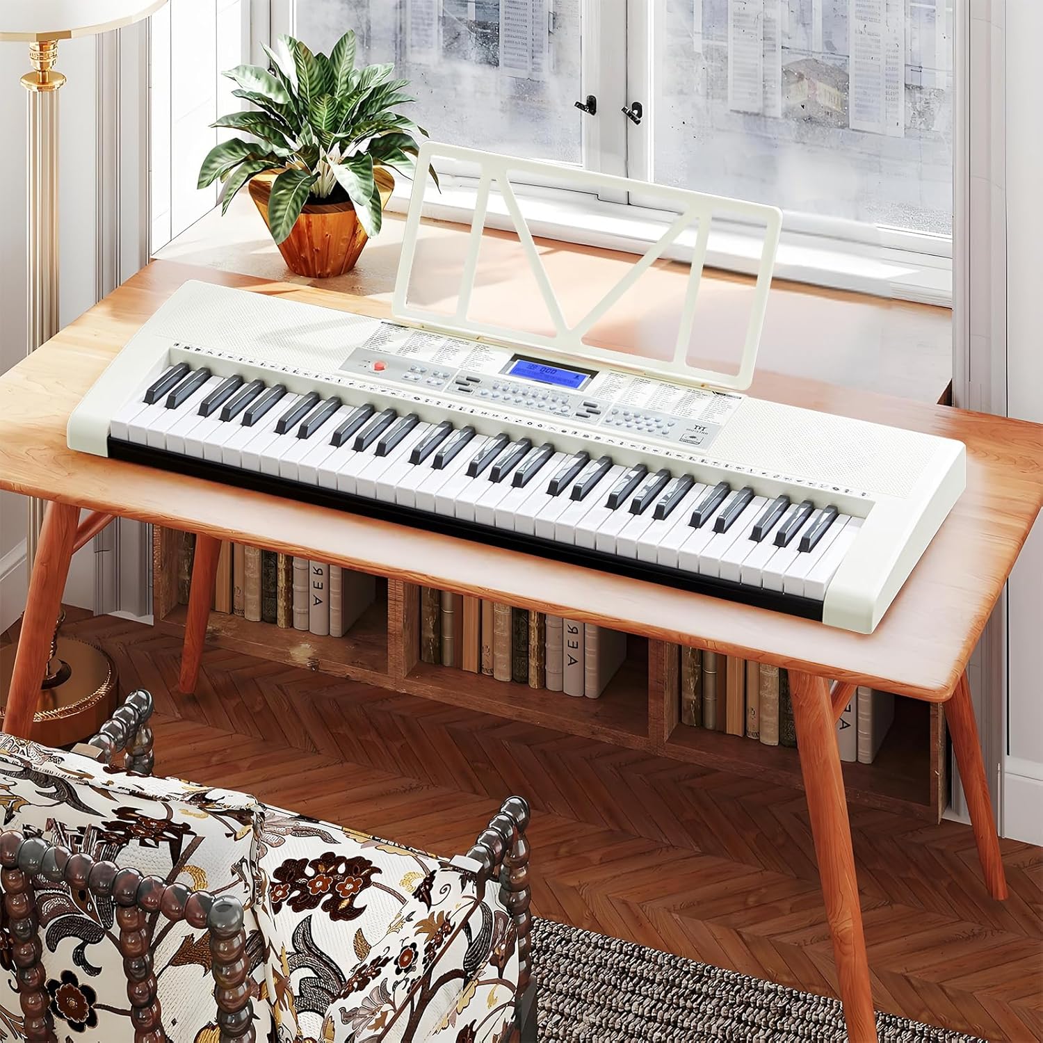 61 Key Piano Keyboard, Electric Keyboard Piano with Light-Up Keys, 255 Tones/Rhythms, Smart Learning System, Headphone, Microphone, Keyboard Stand, Stool, Stickers, Piano Keyboard Set for Beginners