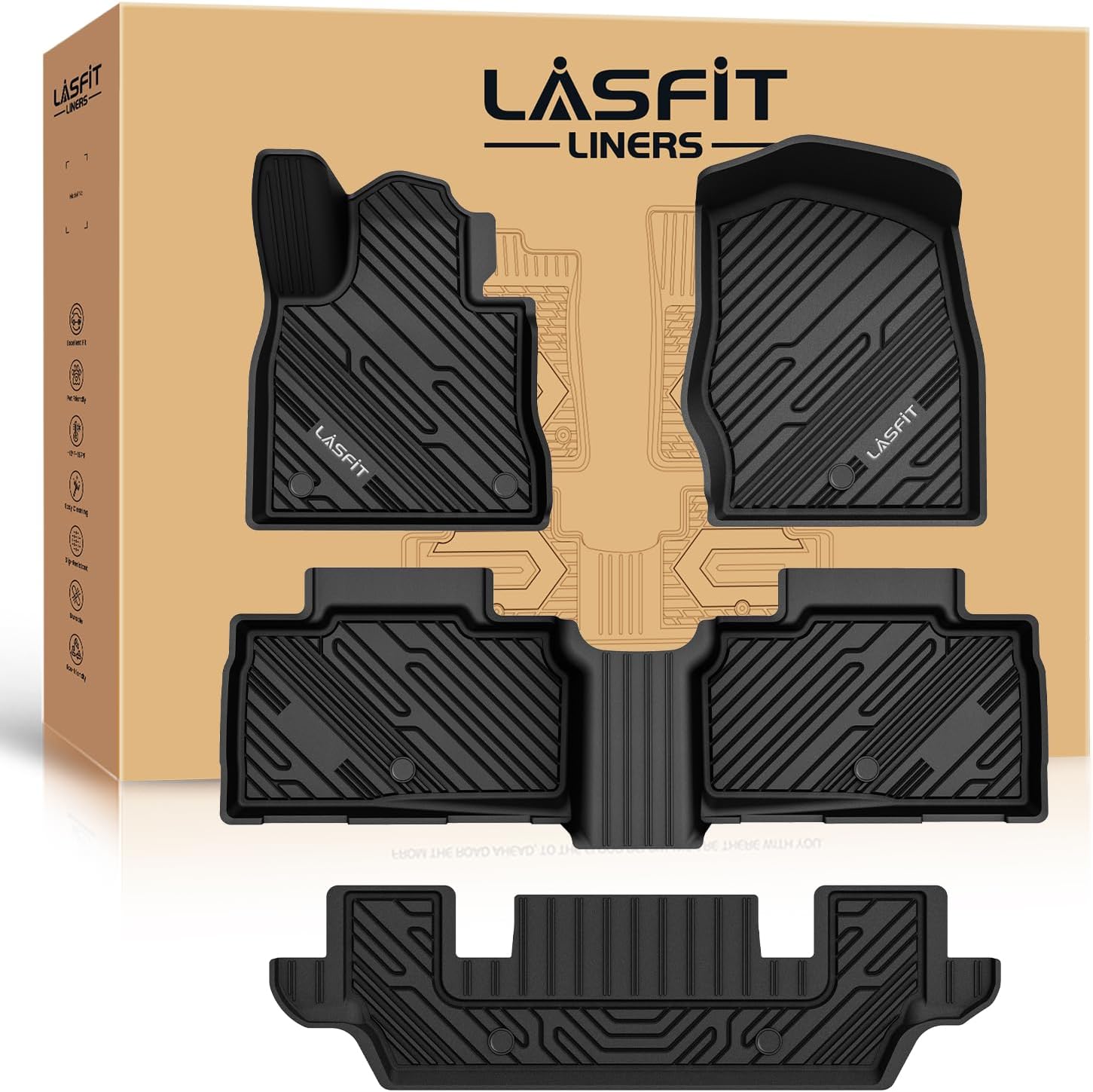 LASFIT Floor Mats for Ford Explorer 2020-2021 6 Passenger TPE Custom Fit All Weather Protector Anti-Slip Floor Liners, 2021 2020 Explorer 6 Seats Accessories, 1st 2nd & 3rd Row, 4pcs Black