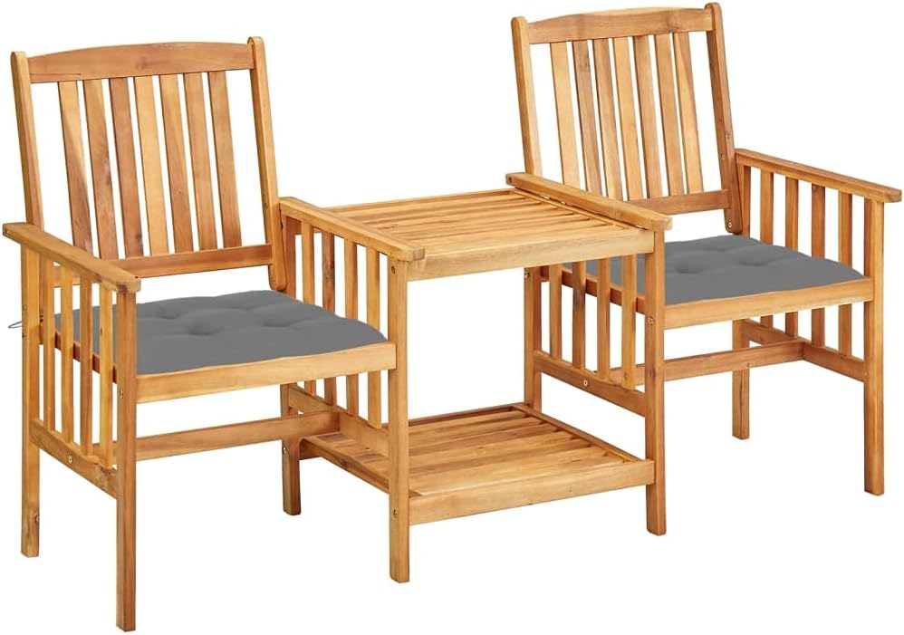 Patio Chairs with Tea Table and Cushions Solid Acacia Wood,Rustic Acacia Wood Bistro Set with Comfortable Cushions for Patio and Garden Patio Furniture Sets, Outdoor Furniture Sets