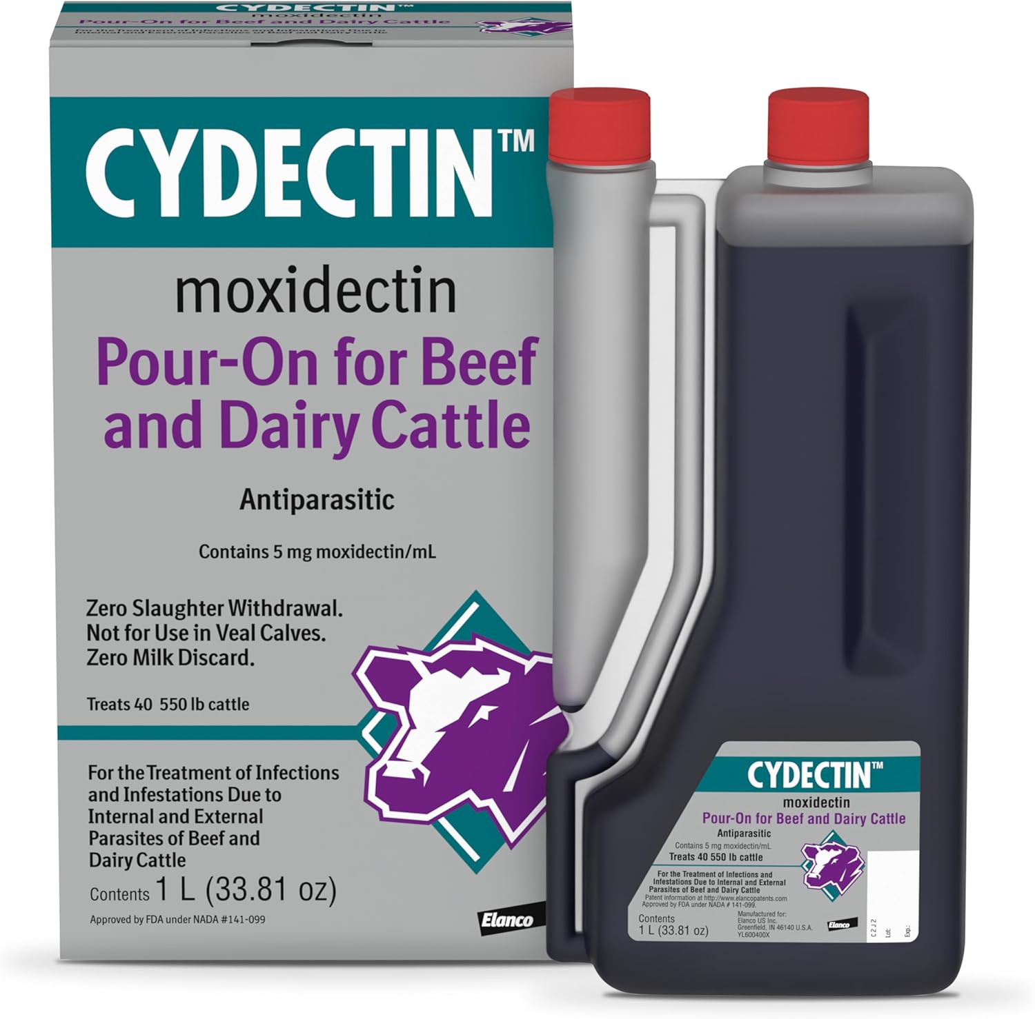 Elanco Cydectin Pour-On Cattle Parasiticide | Treats Worms, Flies, Lice, Grubs, and Mites | 1L Dewormer