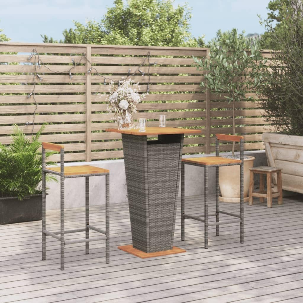 3 Piece Patio Bar Set Gray Poly Rattan&Solid Wood Acacia,Sturdy Outdoor Bar Set with WeatherResistant PE Rattan and Comfortable Acacia Wood Seating Furniture Sets for Patio, Lawn & Garden