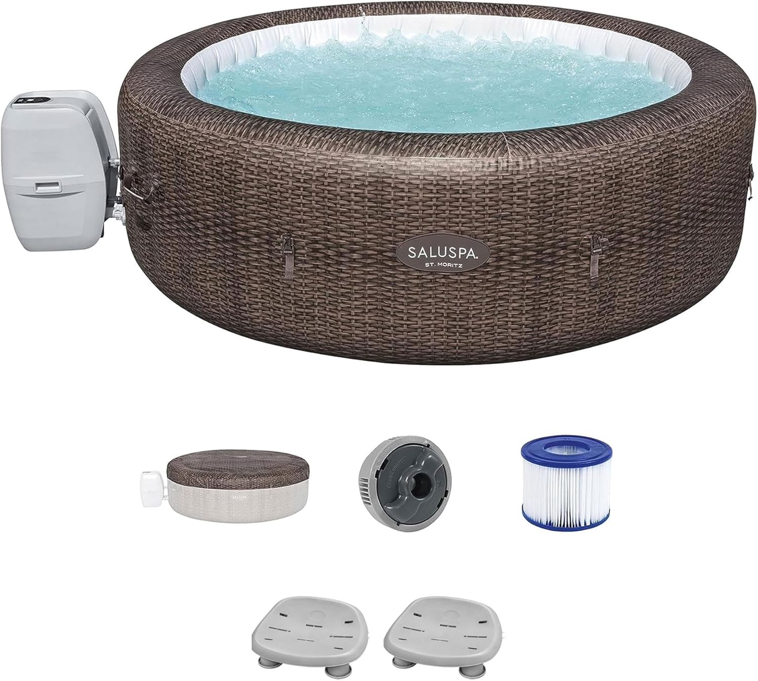 Bestway St Moritz AirJet Inflatable Round Outdoor Hot Tub Bundled with SaluSpa Underwater Non-Slip Pool and Spa Seat with Adjustable Legs