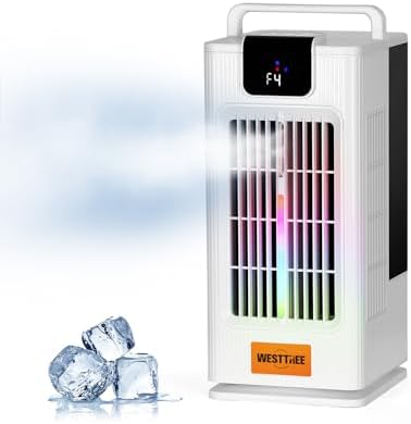 Desk Tower Fan Air Conditioner Misting Fan,120°Oscillating Air Conditioner,3 Level Humidify & 4 Speeds, 7 RGB Color Night Lights,Desk Portable Air Conditioners for Bedroom Home -F10 White