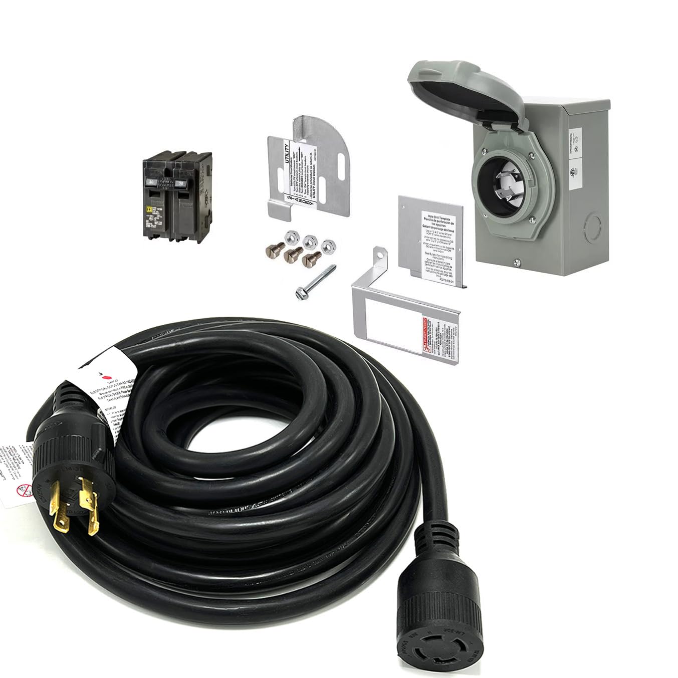 30 Amp Generator to House Hook-up Kit for Square D Homeline 150/200/225 Amp Load Center, Including Generator Cord,Power Inlet Box,Panel Interlock Kit and Circuit Breaker (25 Ft Gen Cord)