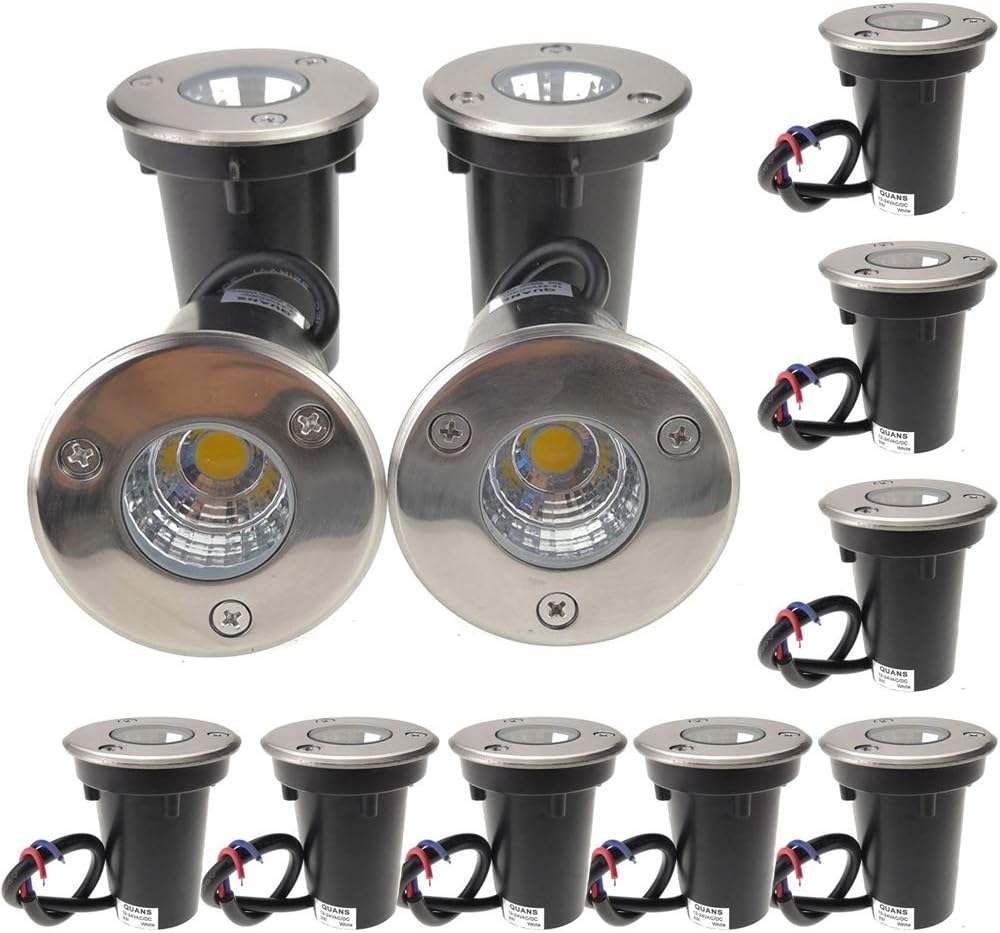 QUANS 3W Watt Cool White 12V 24V DC AC Low Voltage in Ground Well Outdoor LED Light, in-Ground Landscape Lighting Spotlight for Deck, Step, Pathway, Driveway, Garden, Yard, Patio, 12 Pack