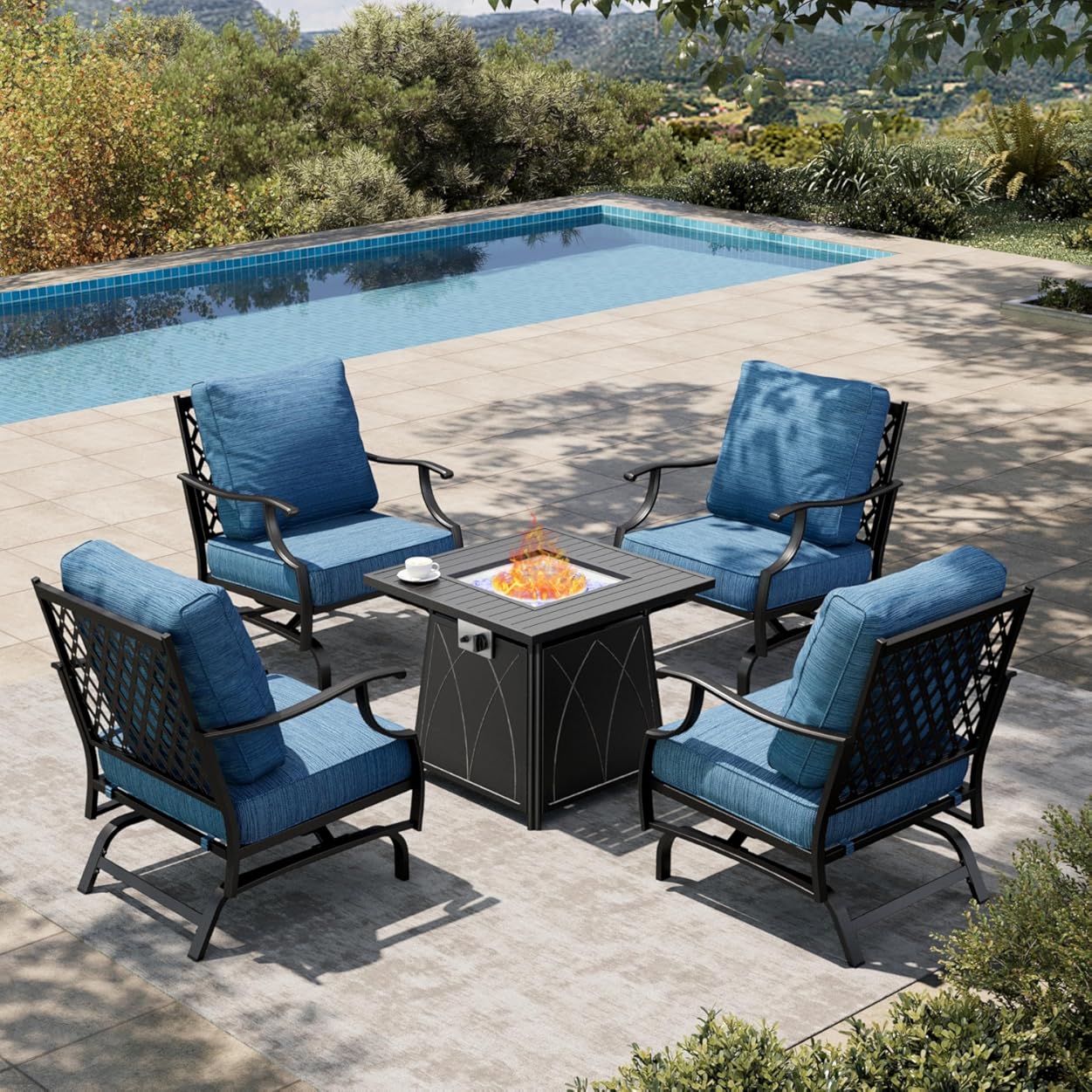 HERA'S HOUSE 5 Pieces Patio Furniture Set with Fire Pit Table, 4 x Thick Cushioned Rocking Chairs, 1 x 28 Fire Pit Table (50,000 BTU), Outdoor Conversation Set for Garden Backyard Lawn, Pacific Blue
