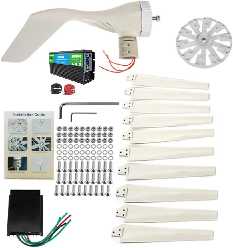 3000W New Energy Horizontal Wind Turbine Generator, 12V 24V 48V with 10 Blades MPPT Controller Small Wind Turbine for Home Factory Use (Low Noise)