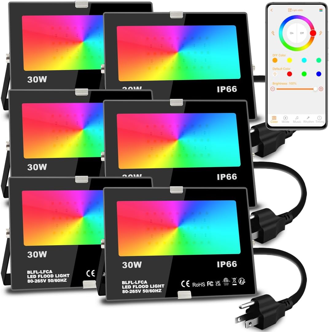 Led Flood Light 30W, 300W Equivalent 3000 LM Outdoor Color Changing Led Stage Landscape Lights, Bluetooth RGBW Smart Floodlights 2700K & 16 Million Colors&Timing& Music Sync, IP66，US 3-Plug (6 Pack)