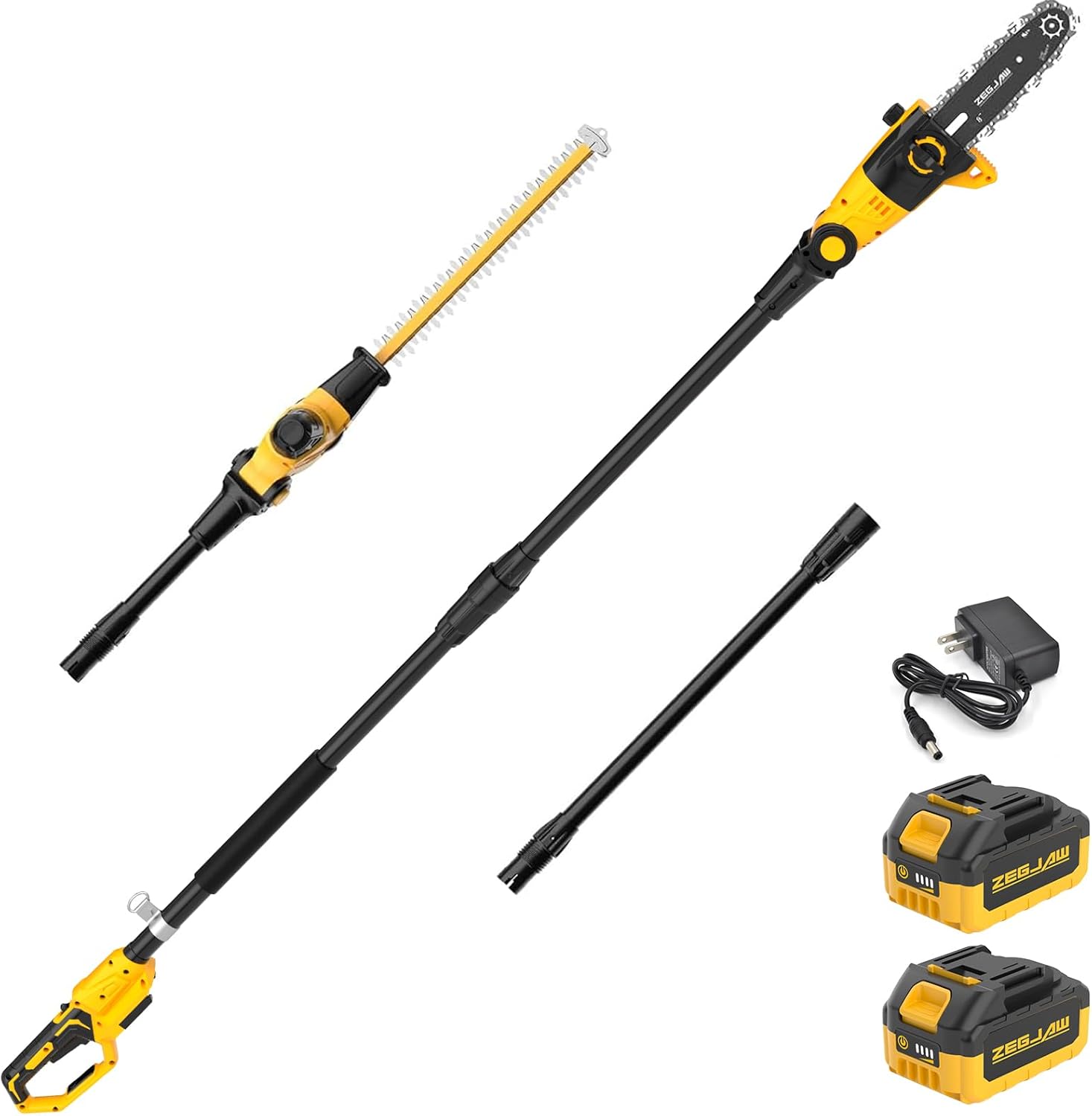 Pole Saw 8-Inch Cordless Tree Trimmer and 18-Inch Pole Hedge Trimmer 2-In-1, 15-Feet Max Reach, Pole Chainsaw, Auto Oiling, with 2x3.0Ah Battery & Charger, for Tree Trimming and Shrubs Pruning