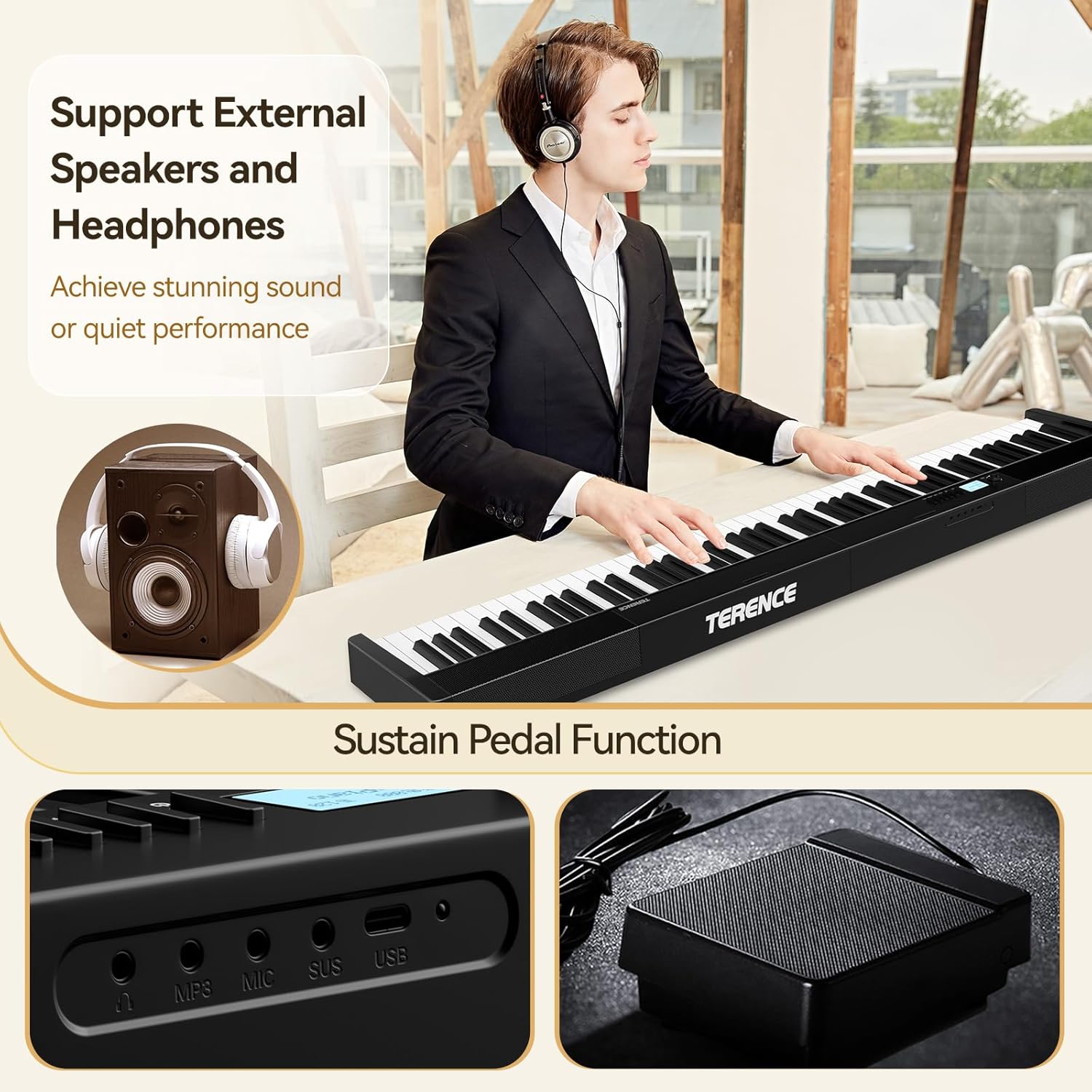 TERENCE V30 Digital Piano 88 Key Weighted Keyboard,Full Size Piano Keyboard with 2X5W Speakers,Music Stand and Sustain Pedal,Portable Folding Piano Gift Teaching for Beginners