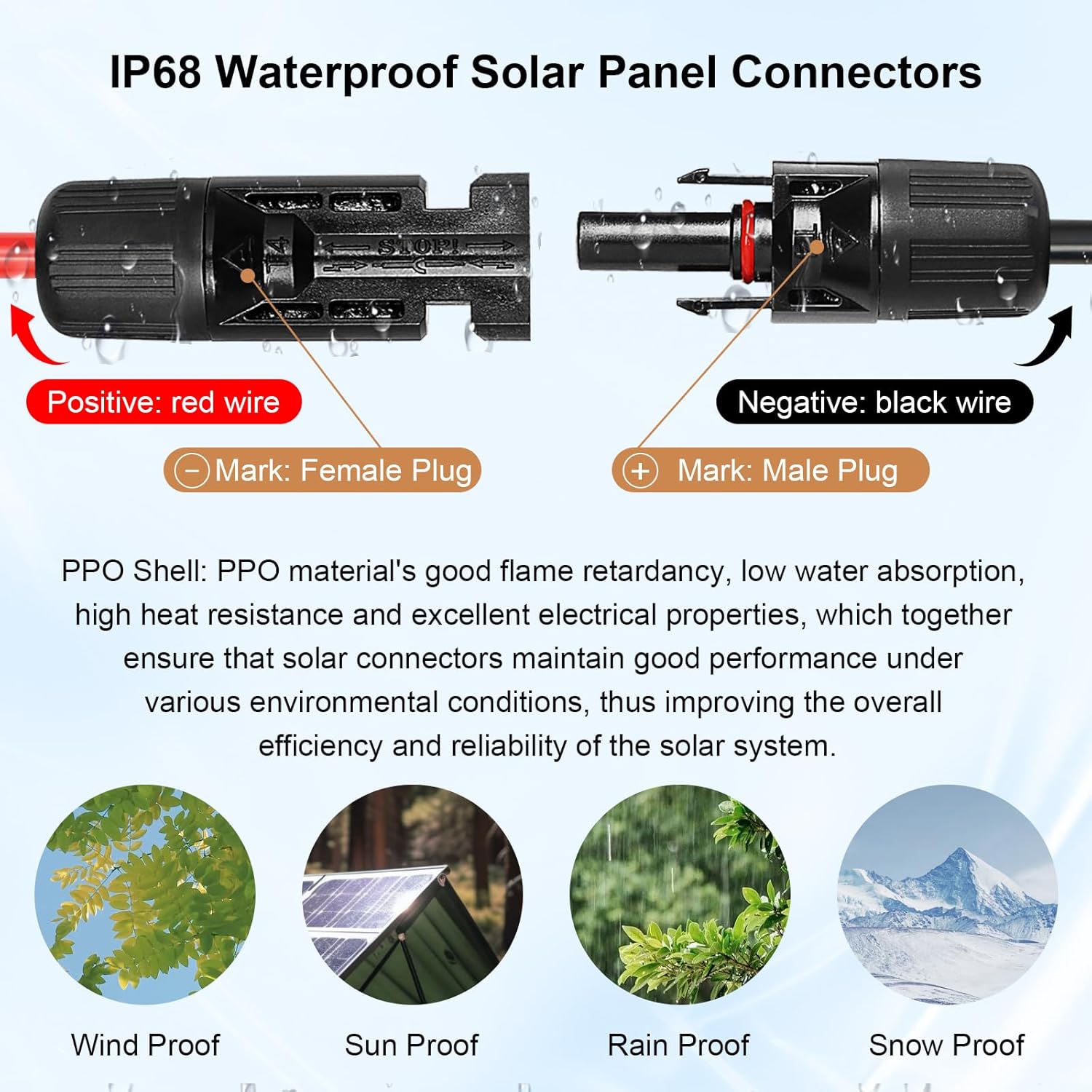 Solar Panel Extension Cable - 10AWG 50FT Solar Wire with Waterproof Male & Female Connectors for RV, Home, Boat, Car (Red + Black)