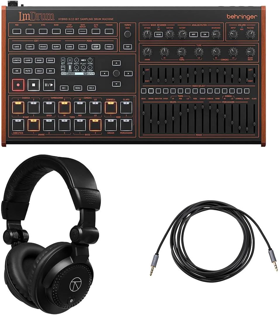 Behringer LM Drum Classic Hybrid Sampling Drum Machine, Bundle with TAPH100 Headphones and 10' Gold Series Auxiliary Cable