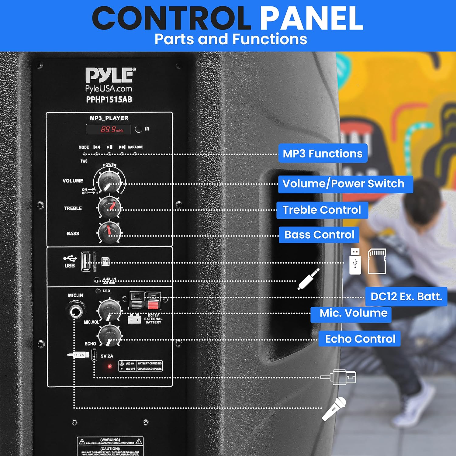 Pyle 15” Portable Bluetooth PA Speaker System - 800W Wireless Rechargeable Loudspeaker with LED Party Lights, Rolling Wheels, Built-in Amp, & Remote Control - Indoor/Outdoor Karaoke Machine (Black)