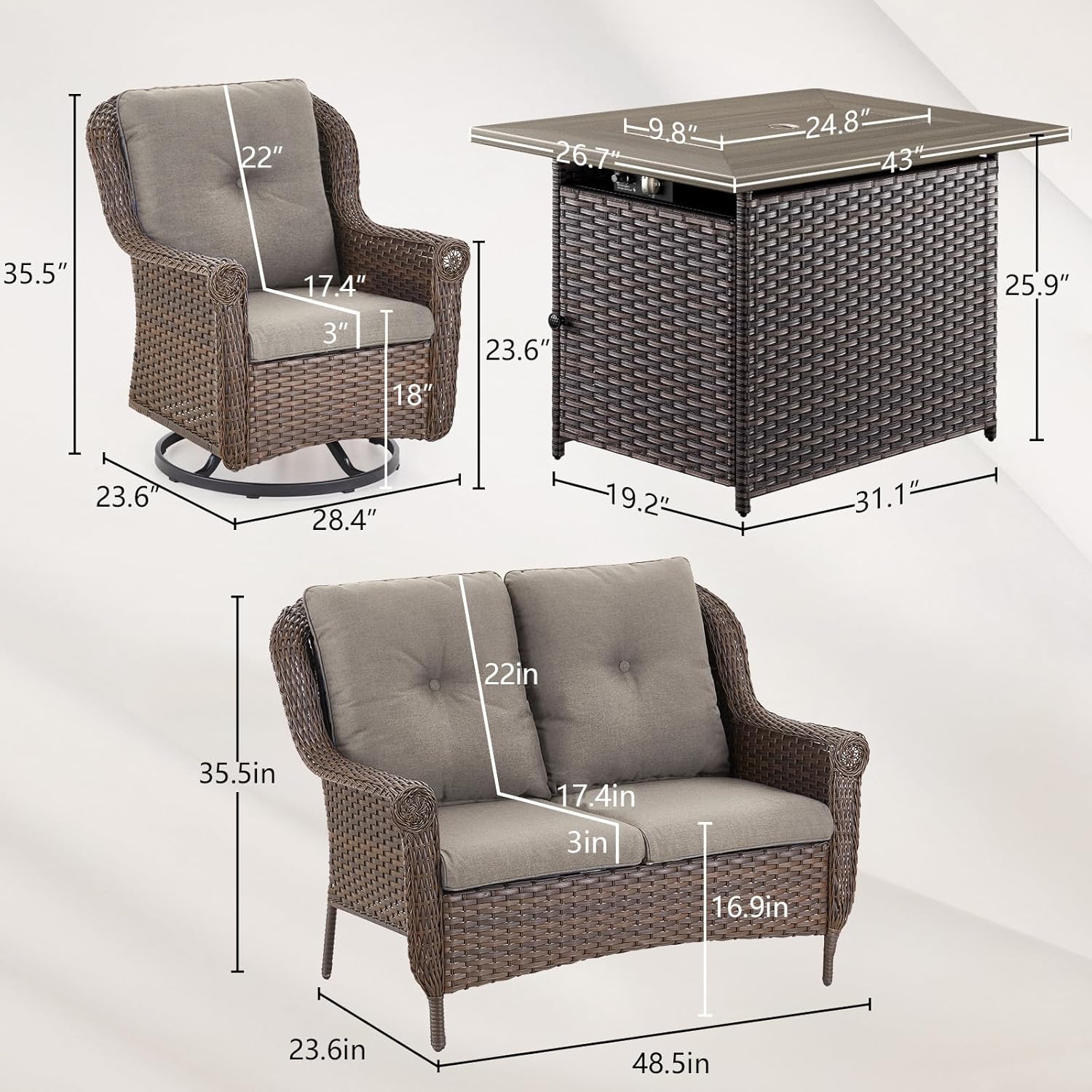 Patio Resin Wicker Furniture Set with Fire Pit Table, 4PCS PE Rattan Conversation Set with Outdoor Fire Table, Brown Wicker Swivel Patio Chairs with Loveseat and Propane Fire Table