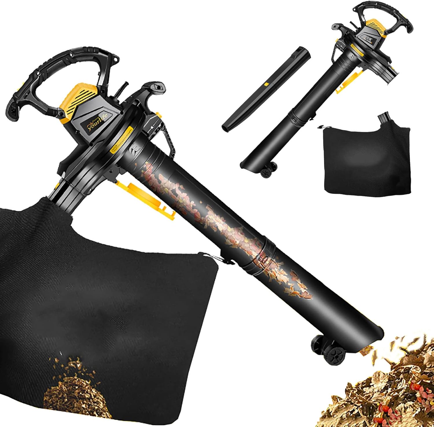 Electric Leaf Blower, 3800 W Garden Blower/Vacuum Cleaner/Shredder, with Guide Wheels + 40 L Collection Bag,6-Speed Adjustment