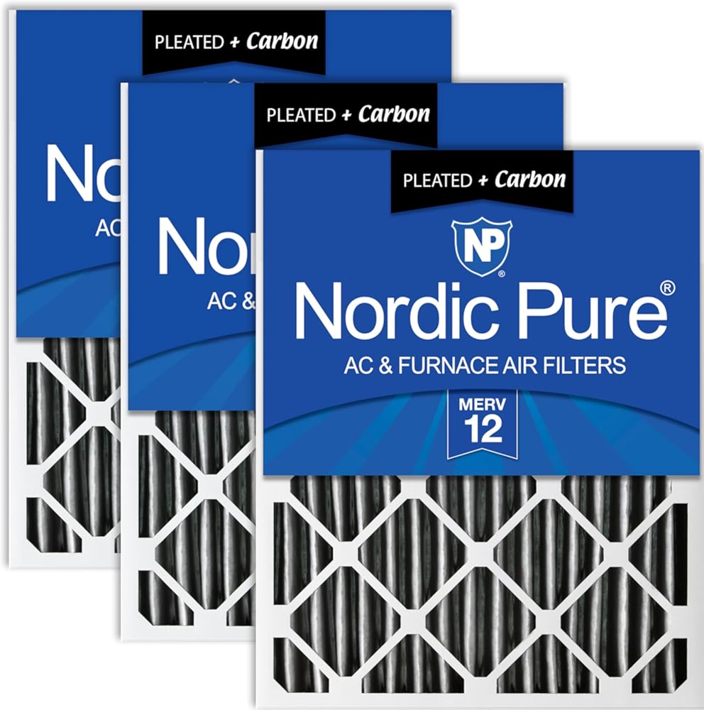 Nordic Pure 20x35x2 (19 1/2 x 34 1/2 x 1 3/4) Furnace Air Filters MERV 12 Pleated Plus Carbon 3 Pack