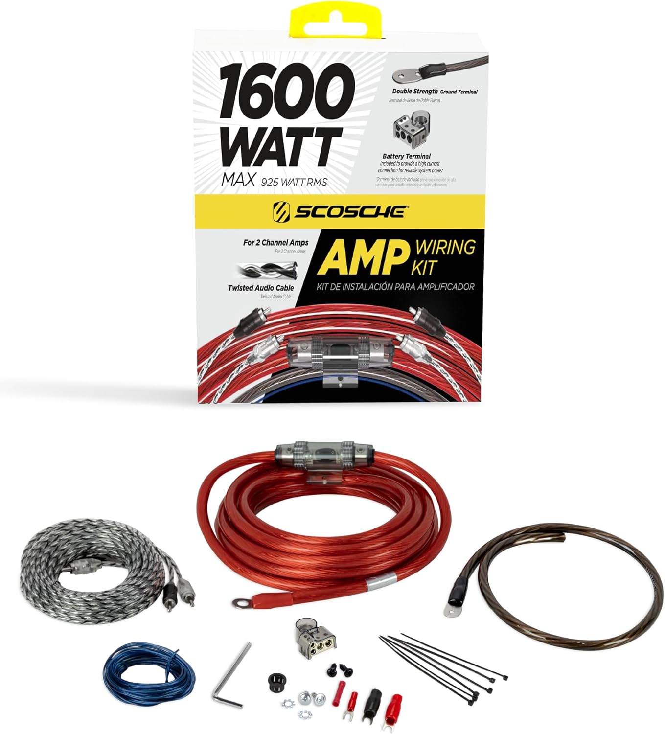 Scosche KPA5CC 5 Gauge 2-Channel Amp Wiring Kit, Complete Amplifier Installation Kit for Car Speakers & Subwoofers with Power & Ground Cables, RCA Audio Cable, Speaker Wire, Fuse Holder & Terminals