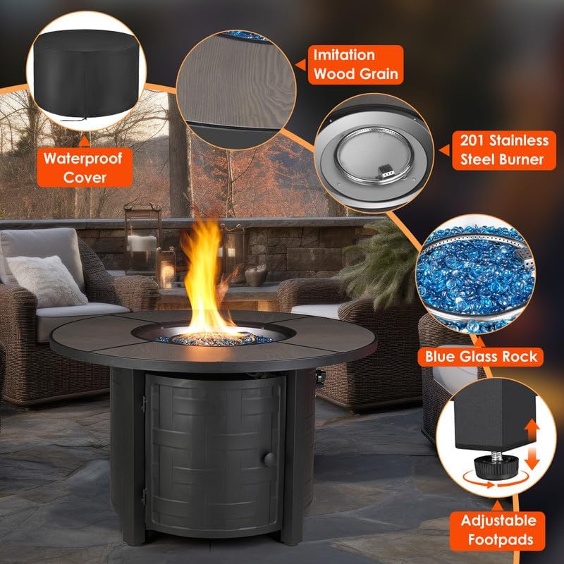 TLGREEN Outdoor Propane Firepit Table, 42Inch, 50,000 BTU Auto-Ignition Rounded Fireplace with Waterproof Table Cover, Lid and Blue Stone,for Patio and Garden