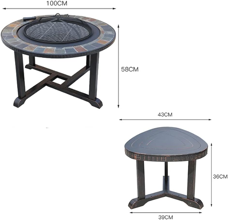 Outdoor Charcoal cast Iron Marble Round fire Pit Table Full Set of Tables and Chairs one Table Dual Purpose Multifunctional Easy-to-Clean Barbecue Stove