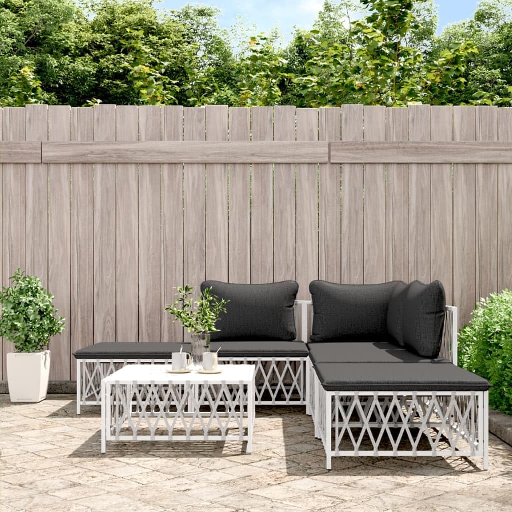 6 Piece Patio Lounge Set with Cushions White Steel,Woven Fabric Outdoor Lounge Set with Cushions: Durable and Comfortable for Patio or Garden Patio Furniture Sets, Outdoor Furniture Sets