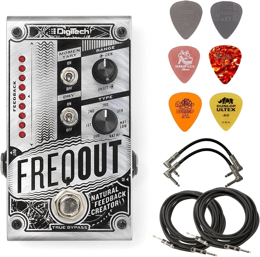 Digitech FREQOUT Natural Feedback Creator Pedal Bundle with 2 Patch Cables, 2 Instrument Cables, and 6 Assorted Dunlop Picks