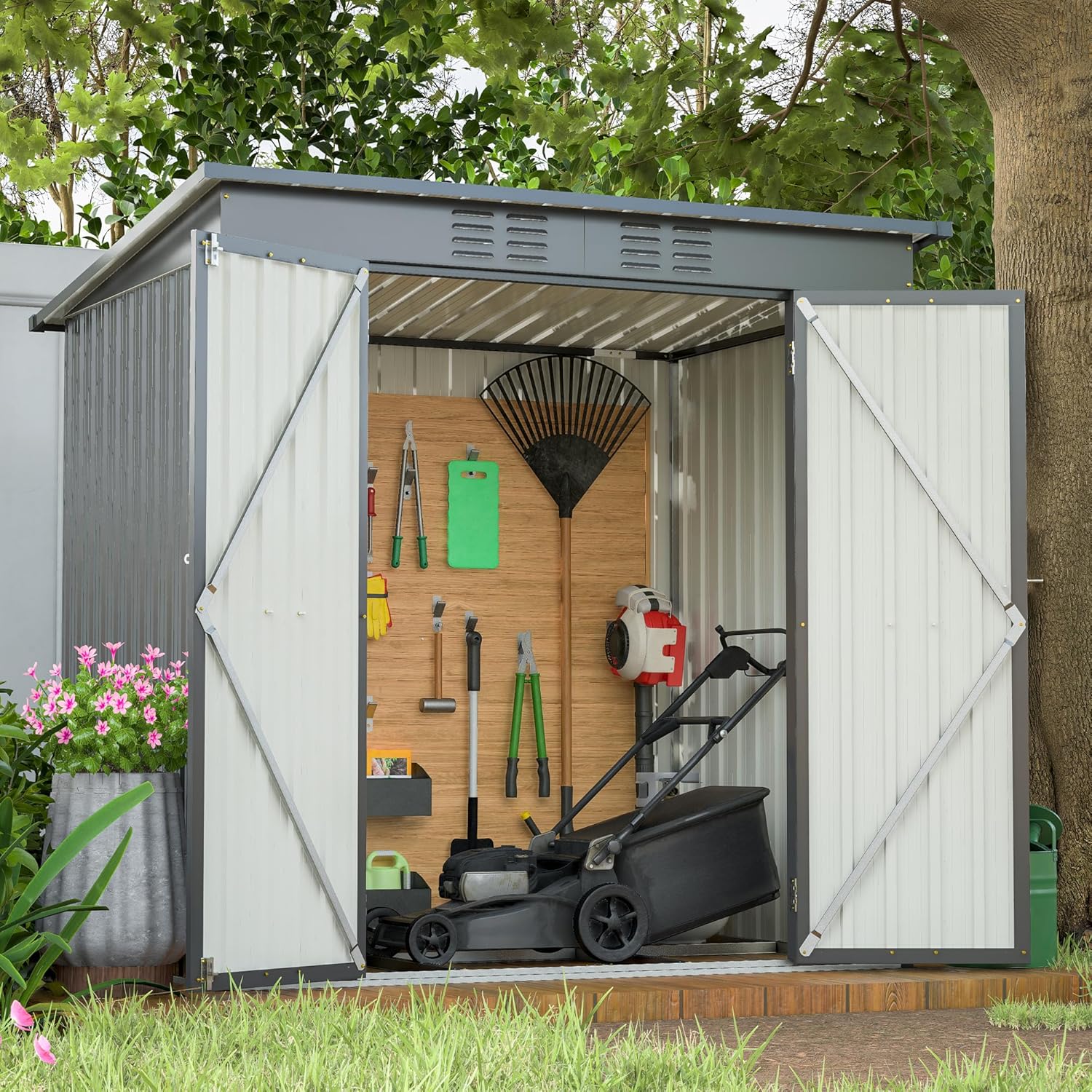 6x4 FT Outdoor Storage Shed,Metal Heavy-Duty Tool Shed with Hinged Door and Padlock,Waterproof Garden Shed W/Vents,All Weather,Foldable House for Garden Backyard,Lawn,Black