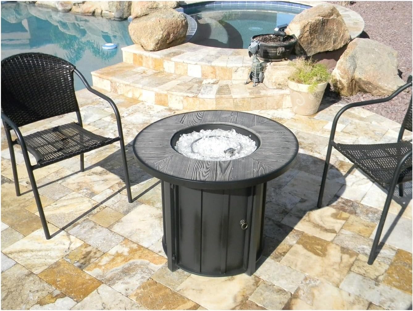 Hiland AFP-FWT Faux Wood Top 40,000 BTU Round Propane Fire Pit, Gray