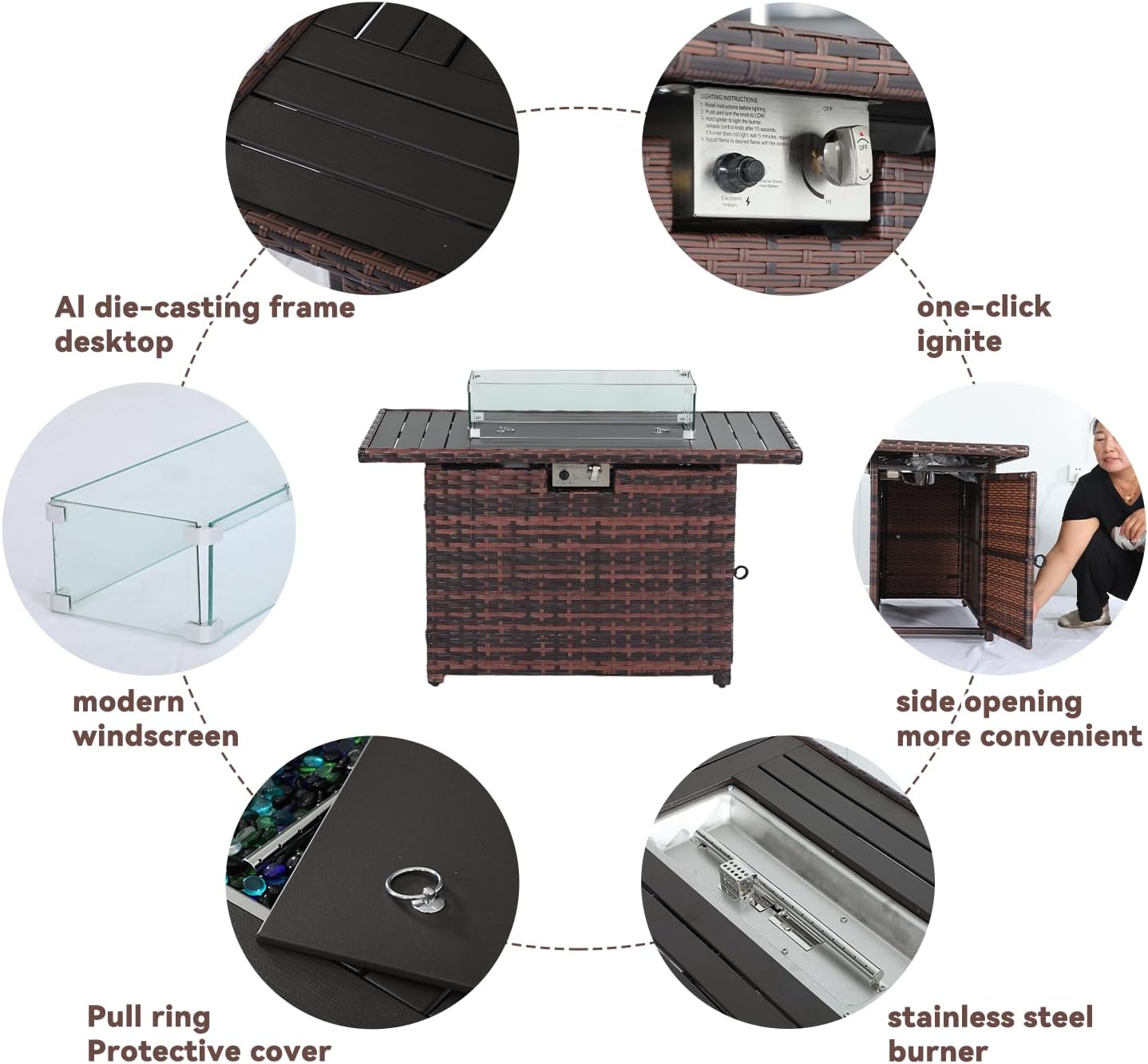 Home Novi Rattan 52-Inch Propane Fire Pit Table - 50,000 BTU, CSA Certified, Wind Guard, Fire Glass, Coffee-Colored - Durable, Safe, & Eco-Friendly Outdoor Heating Solution Grey