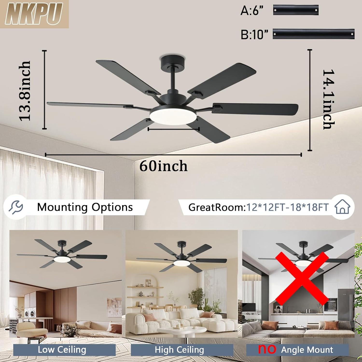 60 Inch Ceiling Fans with Lights, Large Modern Black Ceiling Fan with Light and Remote Control, 6 Double Sided Blades, 6 Speed Reversible Motor, Dimmable LED, Silent Timing, Indoor Outdoor Patio Use