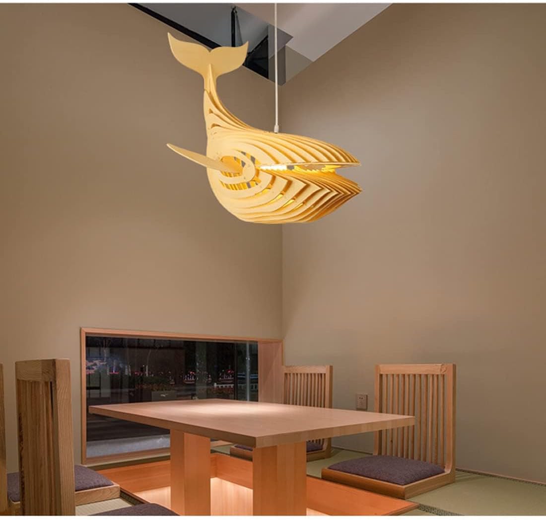 Wood Whale Fish Shaped Pendant Light Fixture,1-Lights Creative Chandelier, Woven Ceiling Hanging Light for Kitchen Island Nursery Living Room Hotel Lobby Reception Room