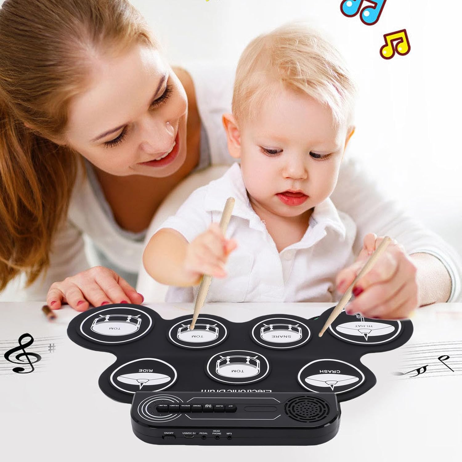 Jiawu Electric Drum Set, 7 Pads Electronic Drum Set Built in Speaker, Portable Roll Up Drums Practice Pad Machine with Pedals and Sticks, Rechargeable Instrument for Beginner & Kids