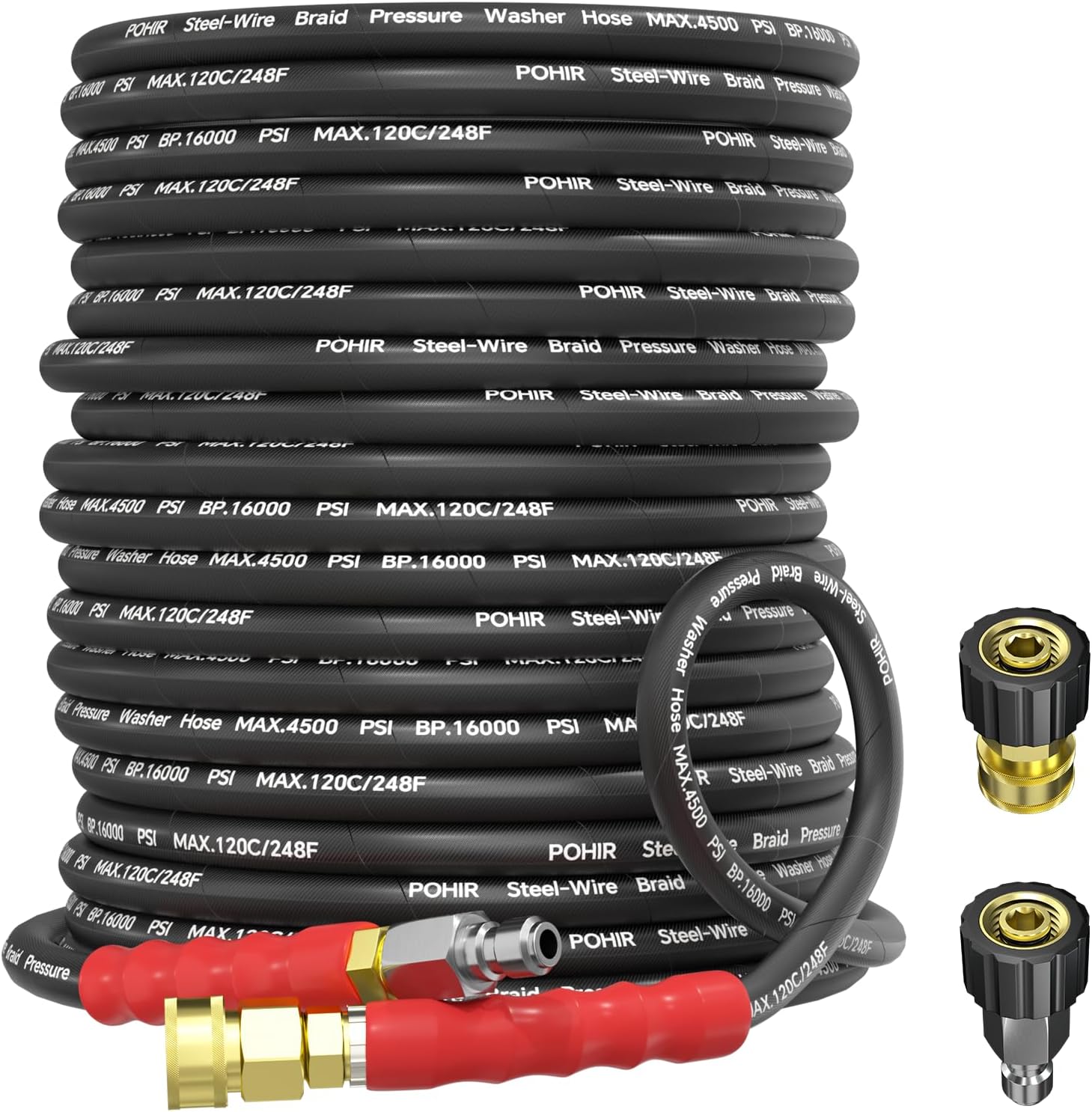 POHIR 50ft Pressure Washer Hose 4500PSI, 3/8 Inch Power Washing Hose Steel Wire Braided with Swivel Quick Connector & 2pcs M22 Adapter Set, Kink Resistant Commercial Grade for Cold and Hot Water 248°F