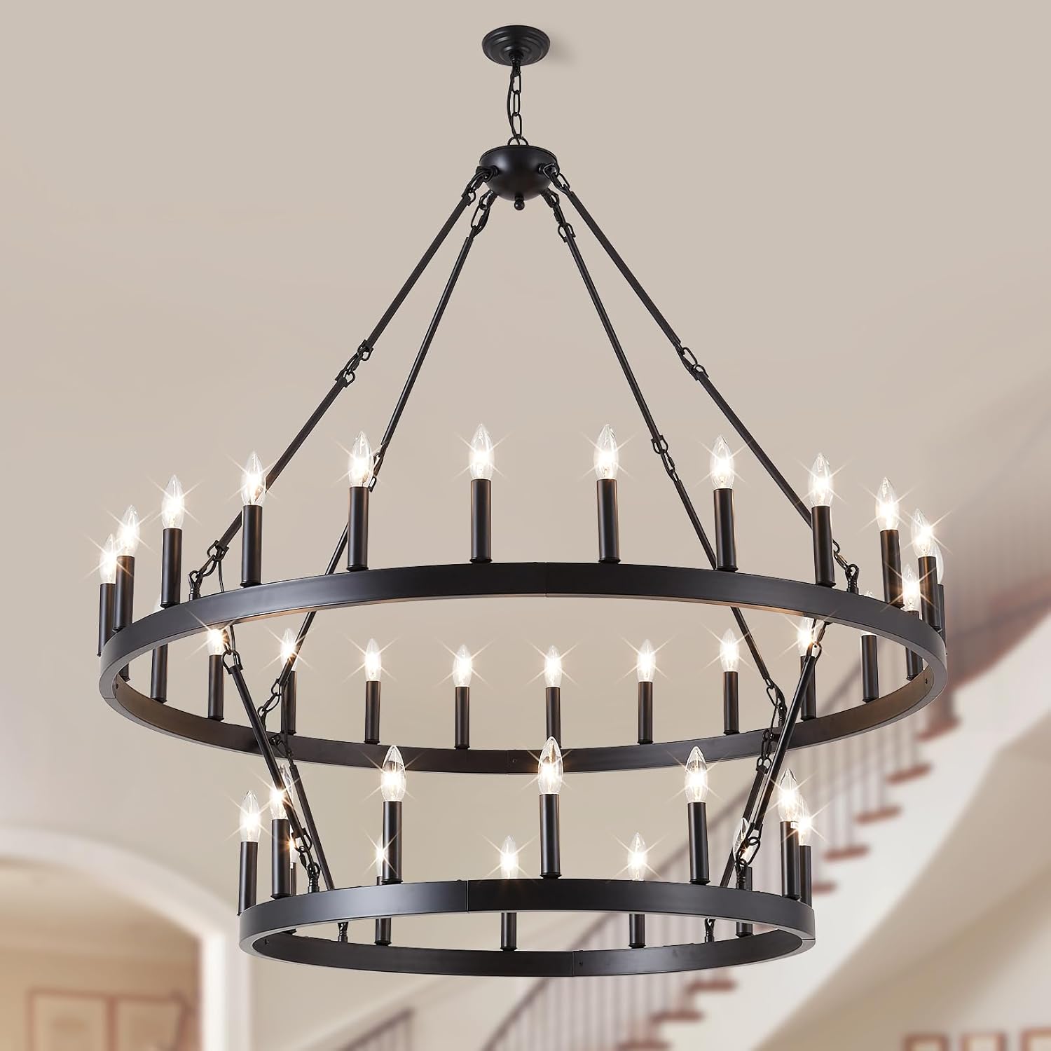 Black Wagon Wheel Chandelier 2 Tier 36-Light, 48-Inch Large Farmhouse Industrial Chandelier Round Rustic Pendant Light Fixture for High Ceilings Foyer, Entryway, Dining Room, E12