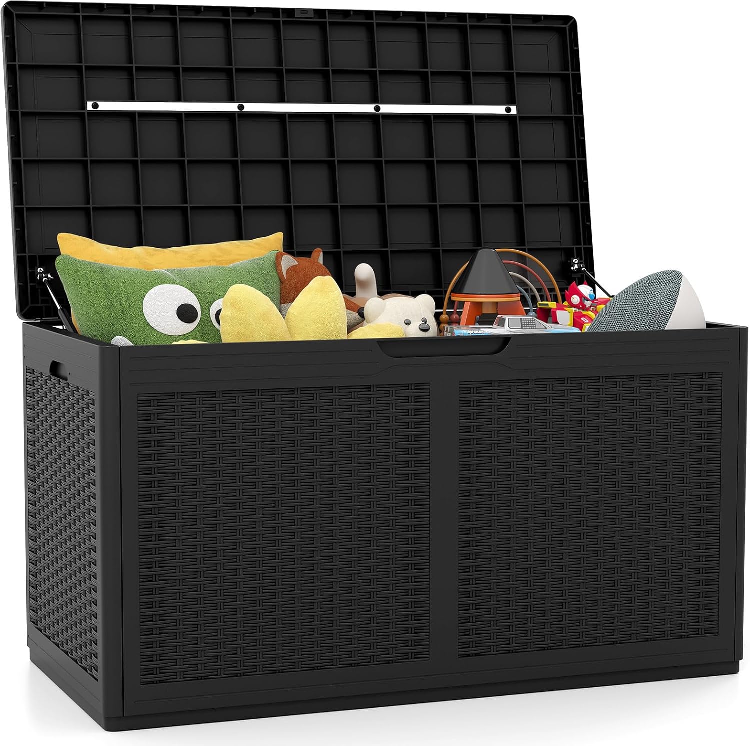 Tangkula 100 Gallon Outdoor Storage Box, Lockable Outdoor Storage Bench with 2 Smooth Wheels, Faux Rattan Surface, Waterproof Resin Deck Box for Outside Poolside Patio Garden (Black)